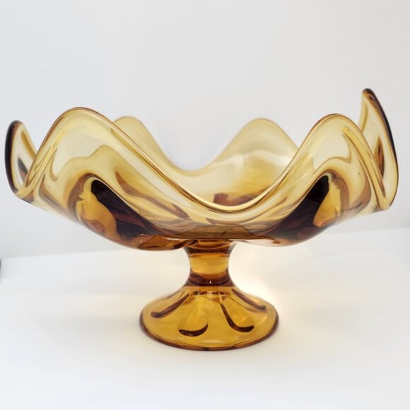 Viking EPIC, Six Petal, Pressed Glass, Amber, Pedestal Fruit Bowl, 9" Diameter - Picture 3 of 11
